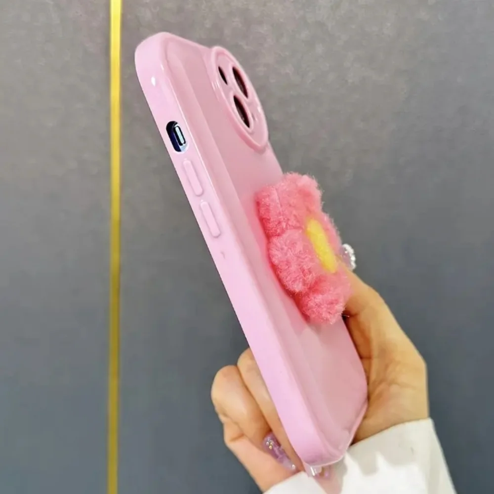iPhone 14 Pink Flower Phone Case with Fuzzy 3d Flower - Picture 2 of 5